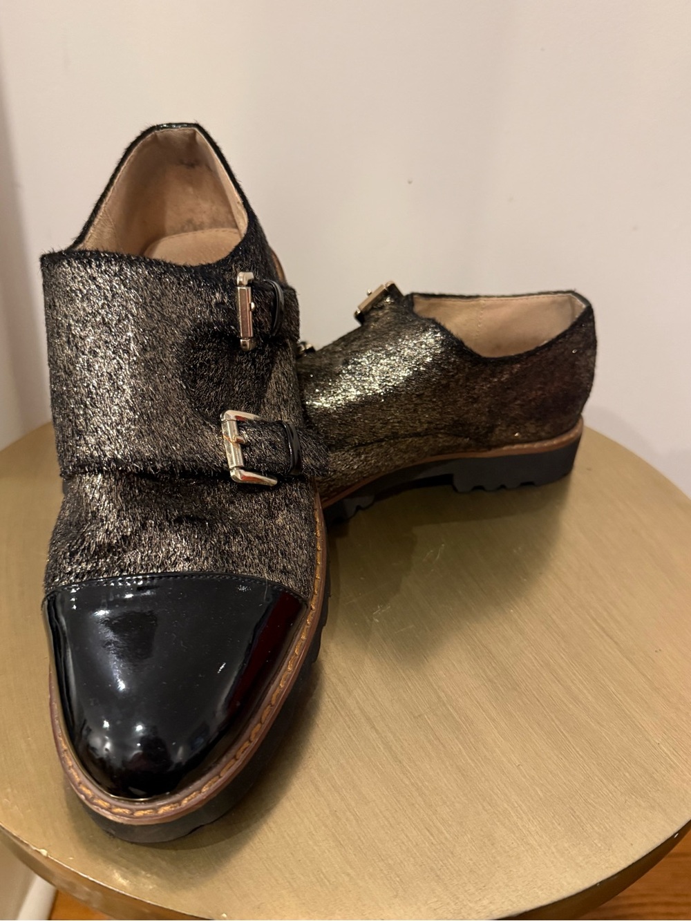 Vanessa Wu Gold Mohair & Black Patent Leather Double Monk Strap Shoes
